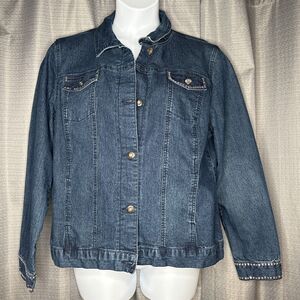 Ashro Women’s Size 16 Dark Blue Denim Jacket Button Front With Silver